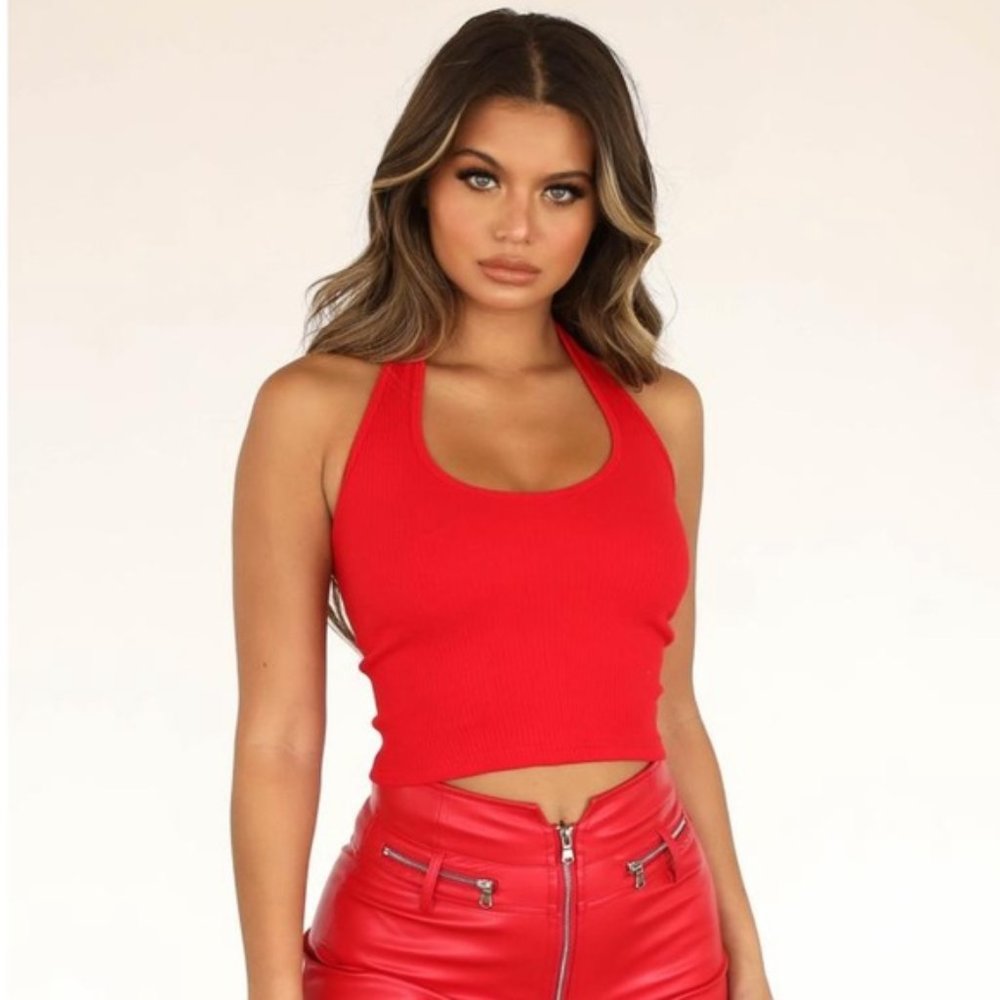 ❌ Tiger Mist Red Halter Crop Top